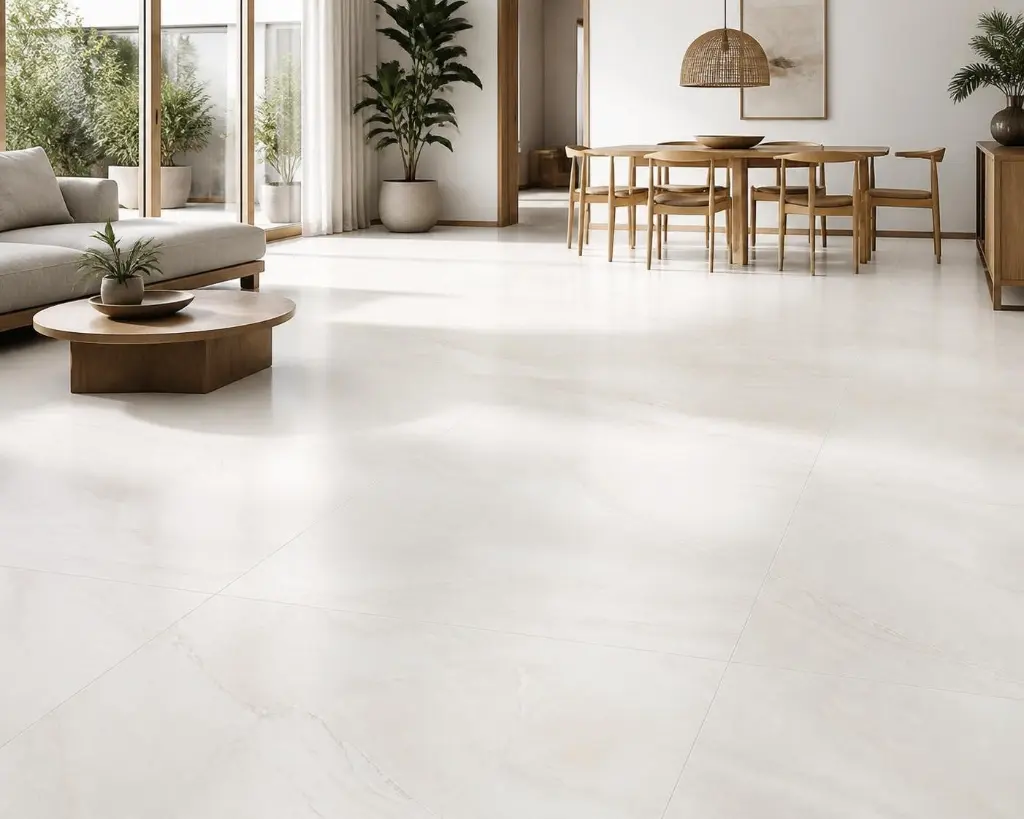 AI Generated Piso Hawaii Ivory 61x61 en sala-comedor moderna