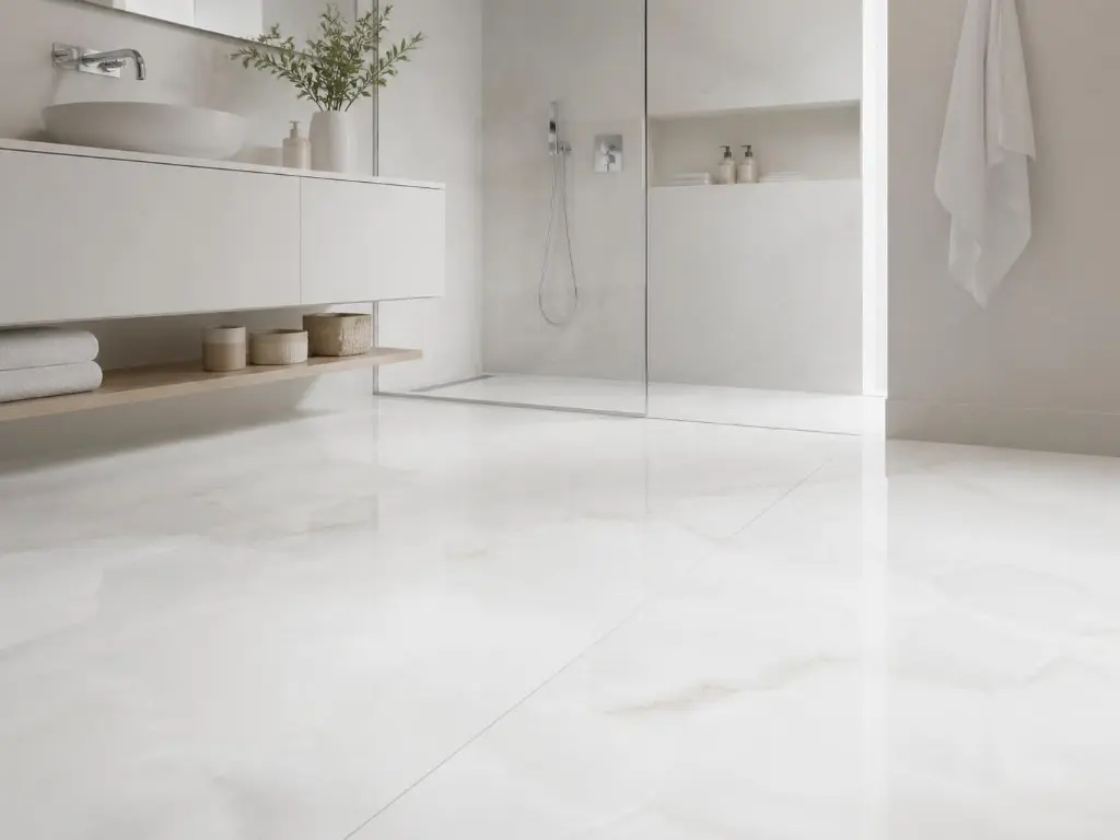AI Generated Porcelanato Snow Pull White 60 x 120 - Ambiente baño minimalista